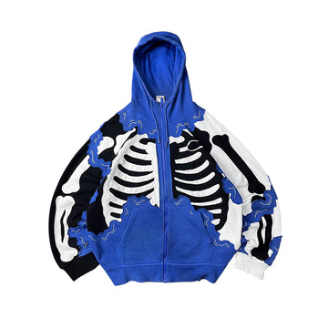 Creative Skeleton Stitching Tailoring Zipper Hooded Sweatshirt