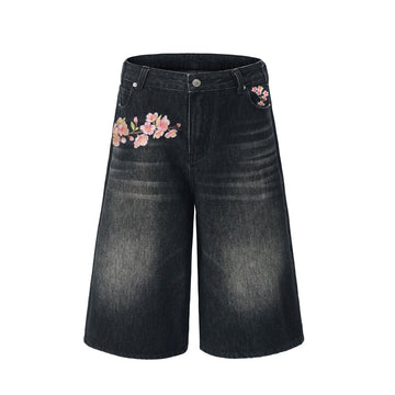Embroidered Pink Sakura Floral Baggy Shorts