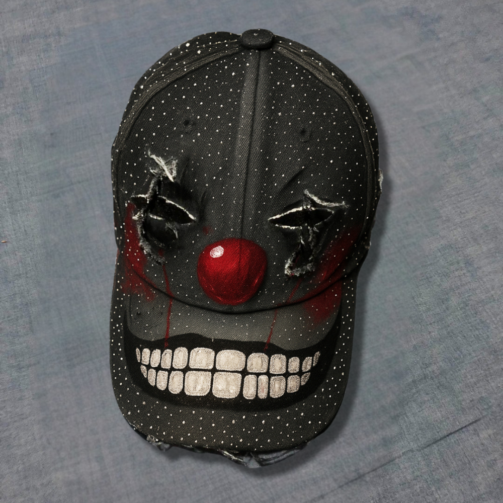 Hand-Painted Evil Clown Face Hat with Rhinestone Accents