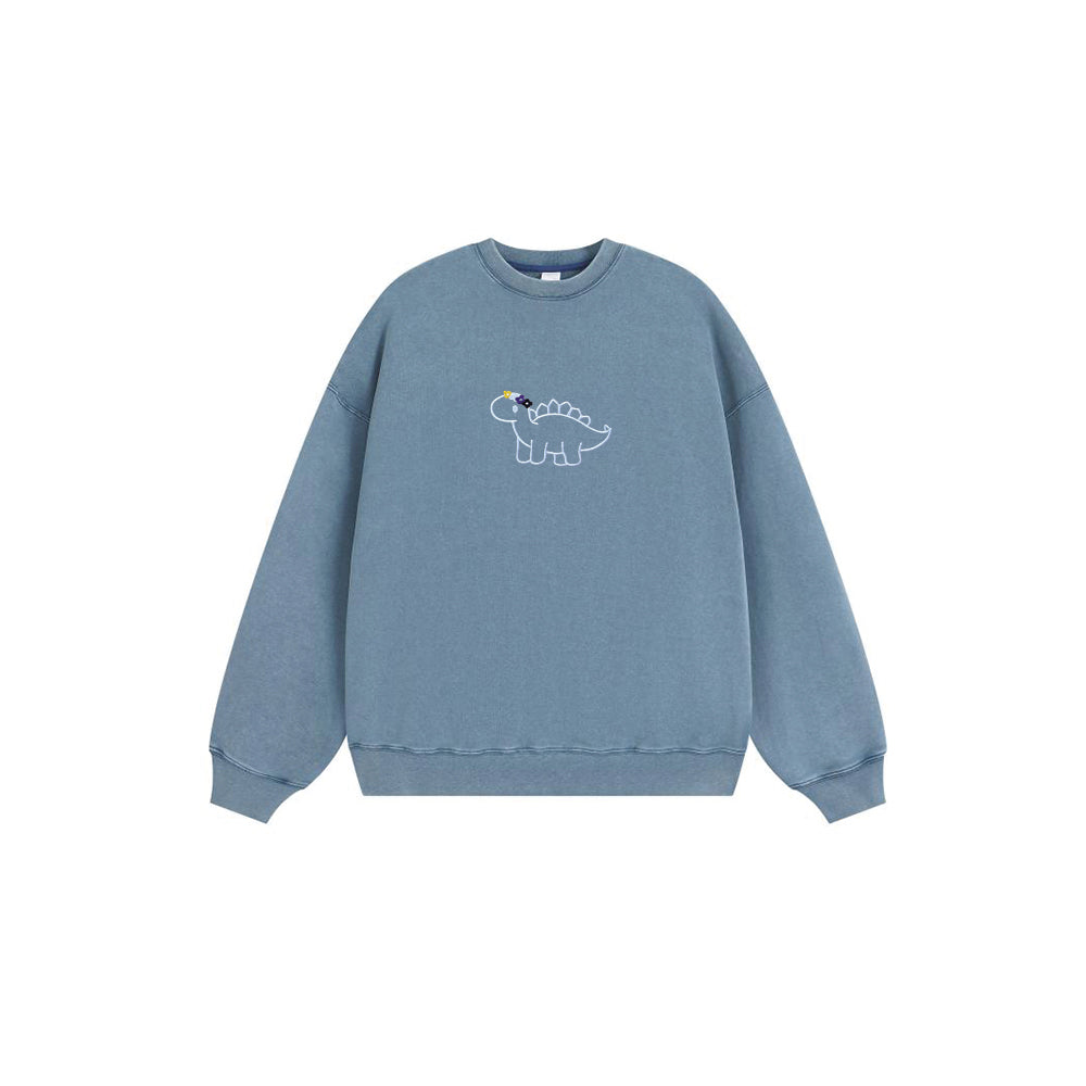 Funny Flower Embroidered Dinosaur Crew Neck Sweatshirt