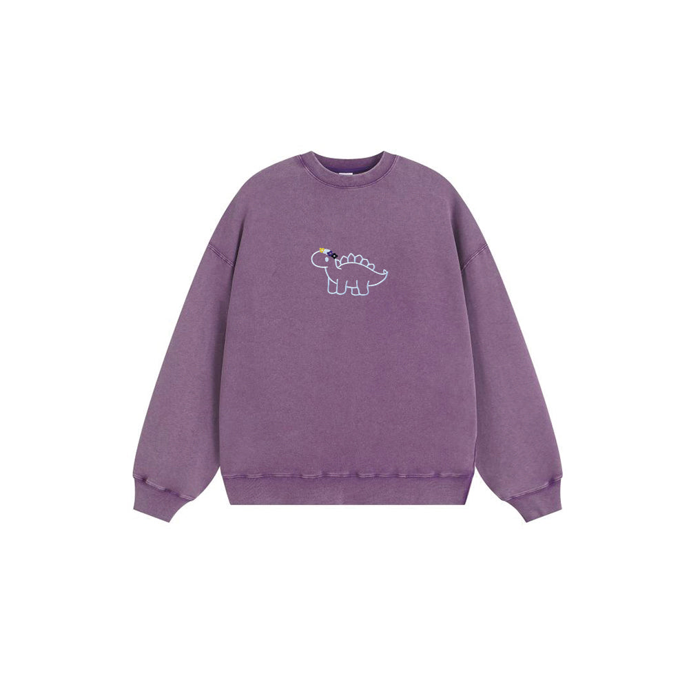 Funny Flower Embroidered Dinosaur Crew Neck Sweatshirt