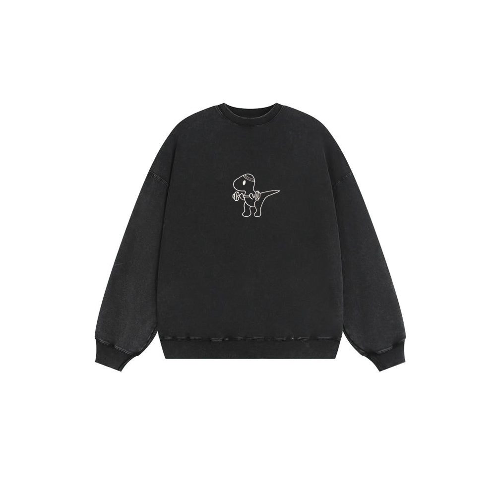 Embroidered Funny Weightlifting Dinosaur Crew Neck Sweatshirt