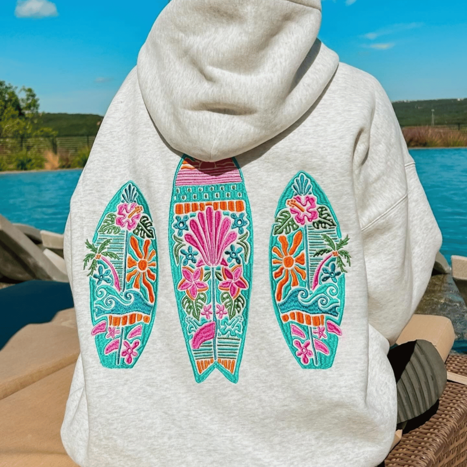 Embroidered Surfboard Floral Hoodie