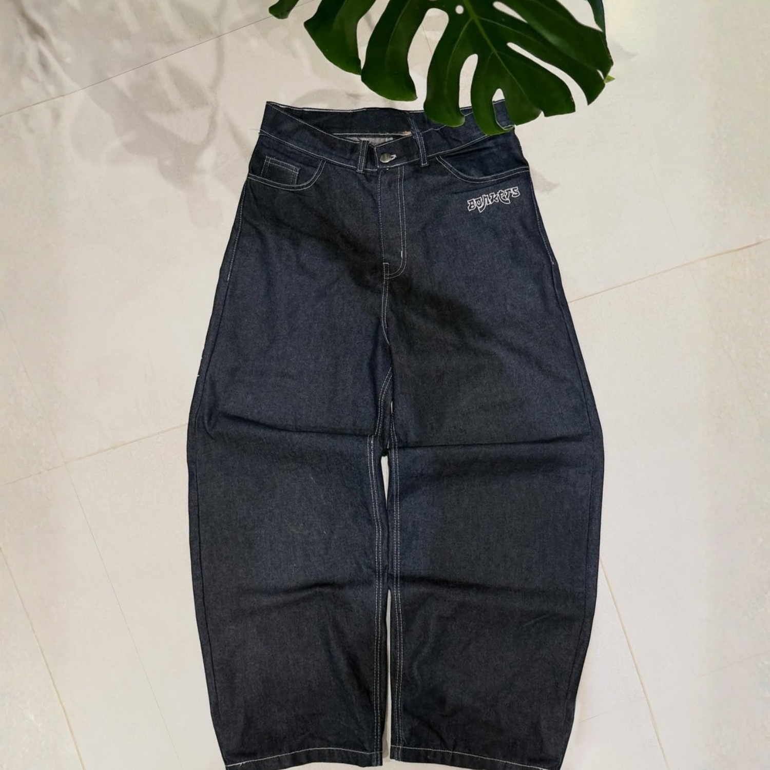 Tree Embroidery Vintage Dark Denim Jeans