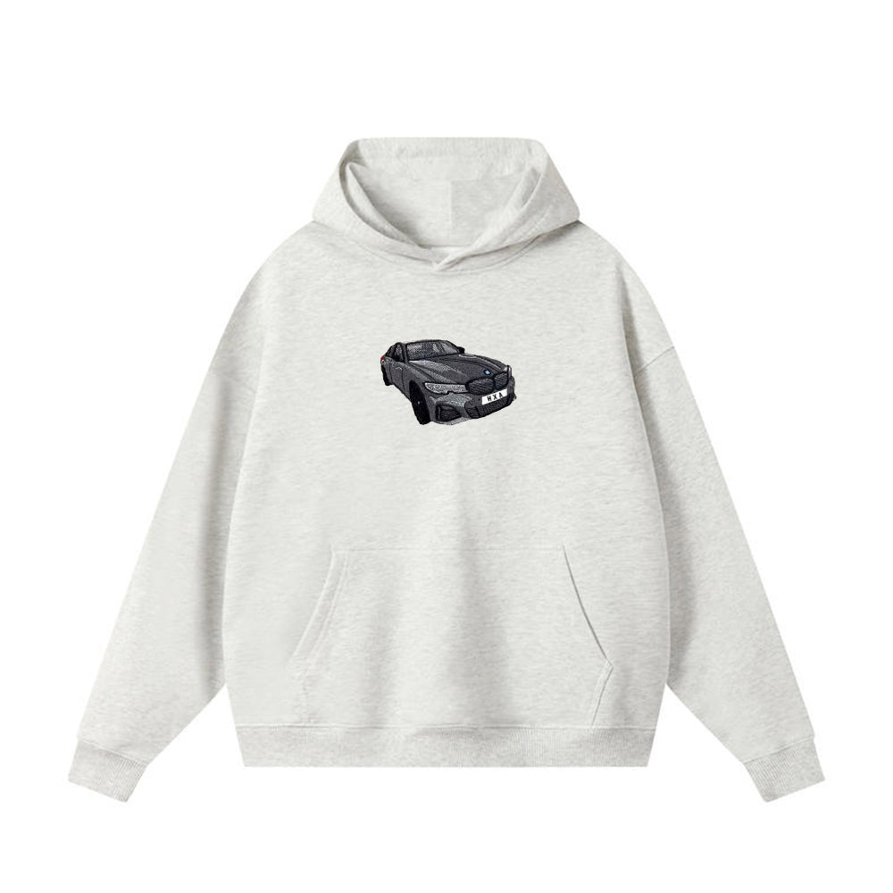 Classic Sports Car Embroidery × Minimalist Grey Hoodie