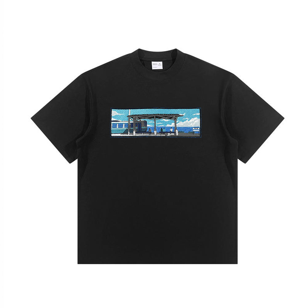 Seaside Platform, Waiting For The Train Creative Pattern Embroidered T-shirt