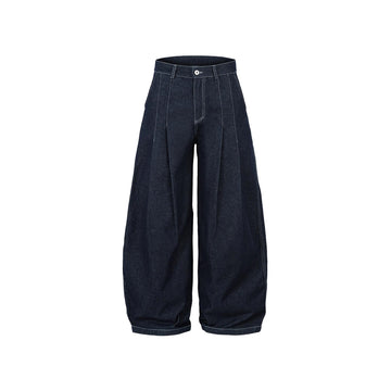 Deconstructed Contrast Stitching Pleated Baggy Barrel Jeans