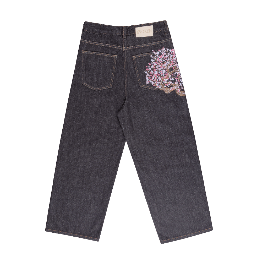 Embroidered Denim Jeans with Sakura Blossom