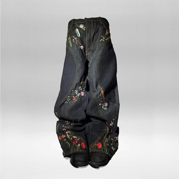 Streetwear Black Denim Pants with Floral Embroidery