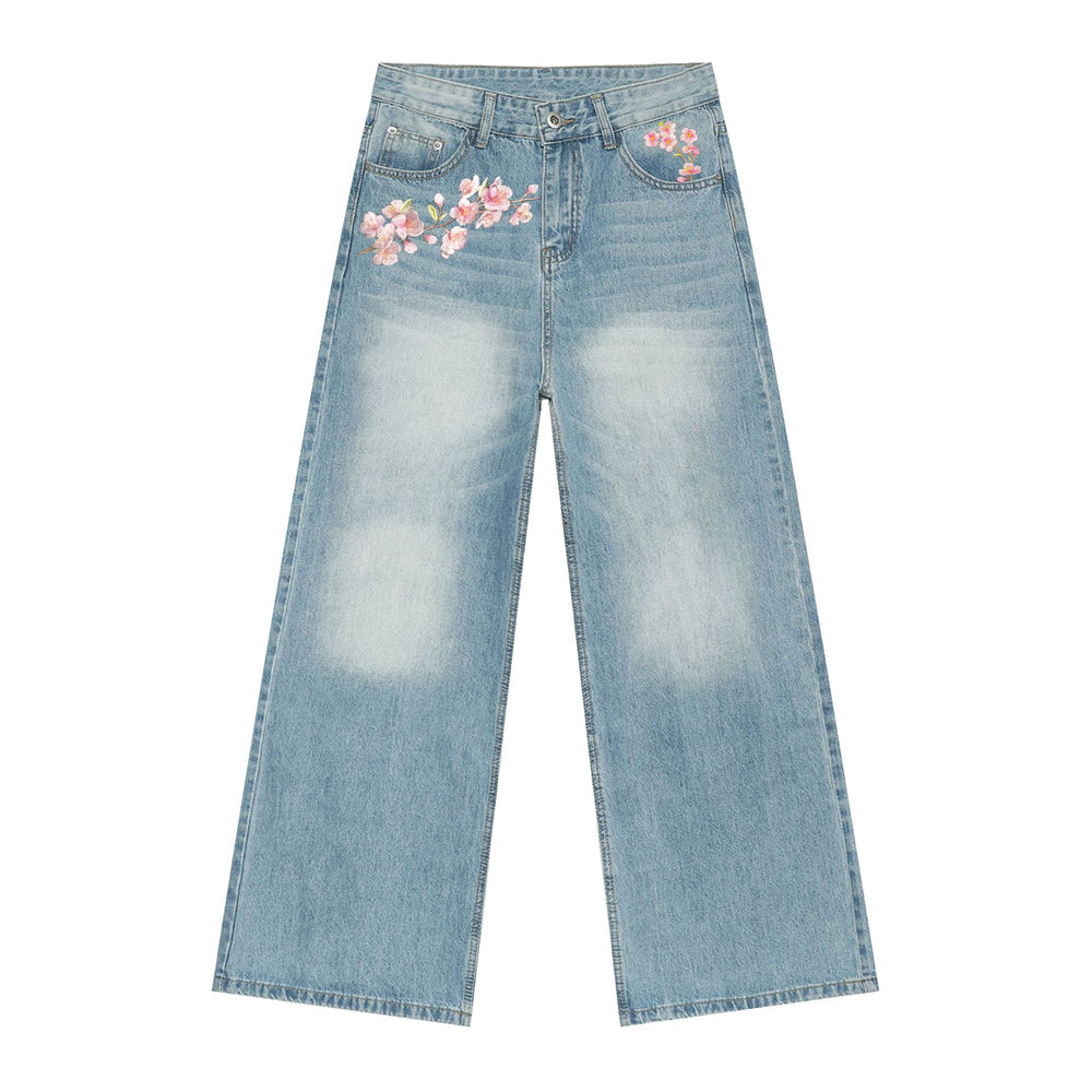 Embroidered Pink Sakura Floral Jeans