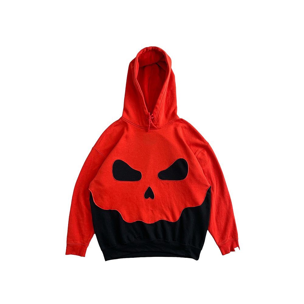 Red & Black Patchwork Hoodie with Demon Face Graphic