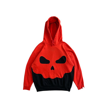 Red & Black Patchwork Hoodie with Demon Face Graphic