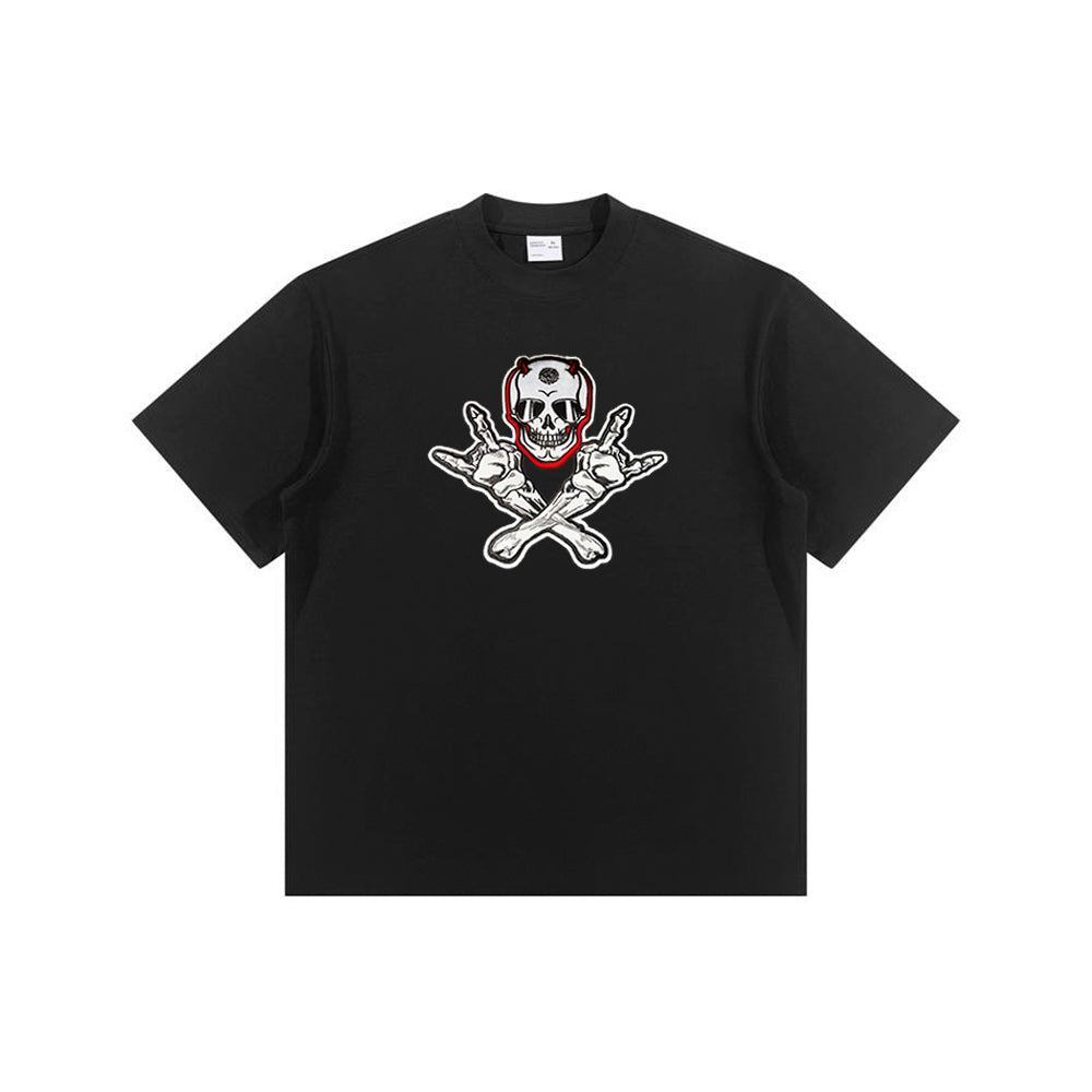 Skull Hand Gesture Embroidery Pattern T-Shirts
