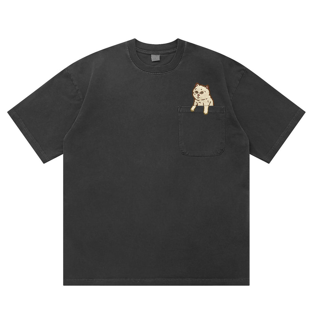 T-shirt with Embroidered Kitten Pattern