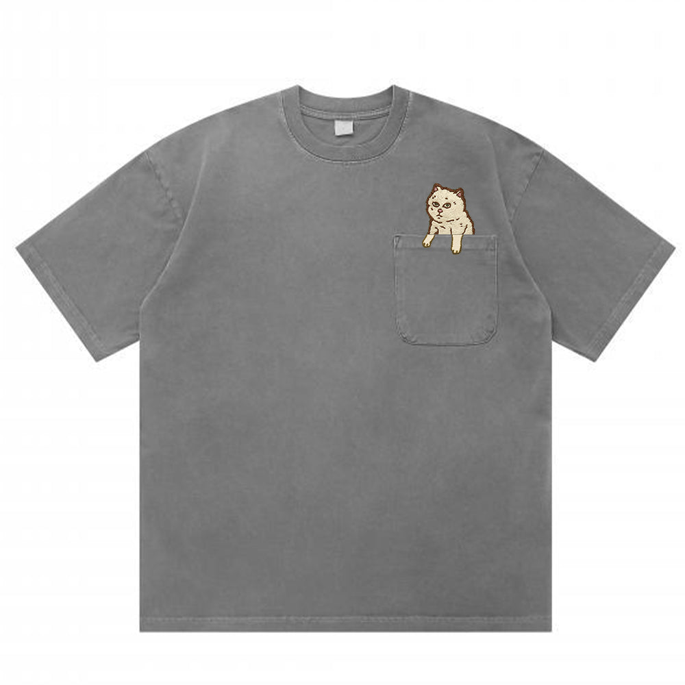 T-shirt with Embroidered Kitten Pattern