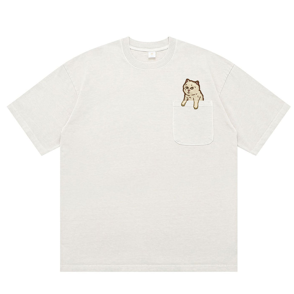 T-shirt with Embroidered Kitten Pattern