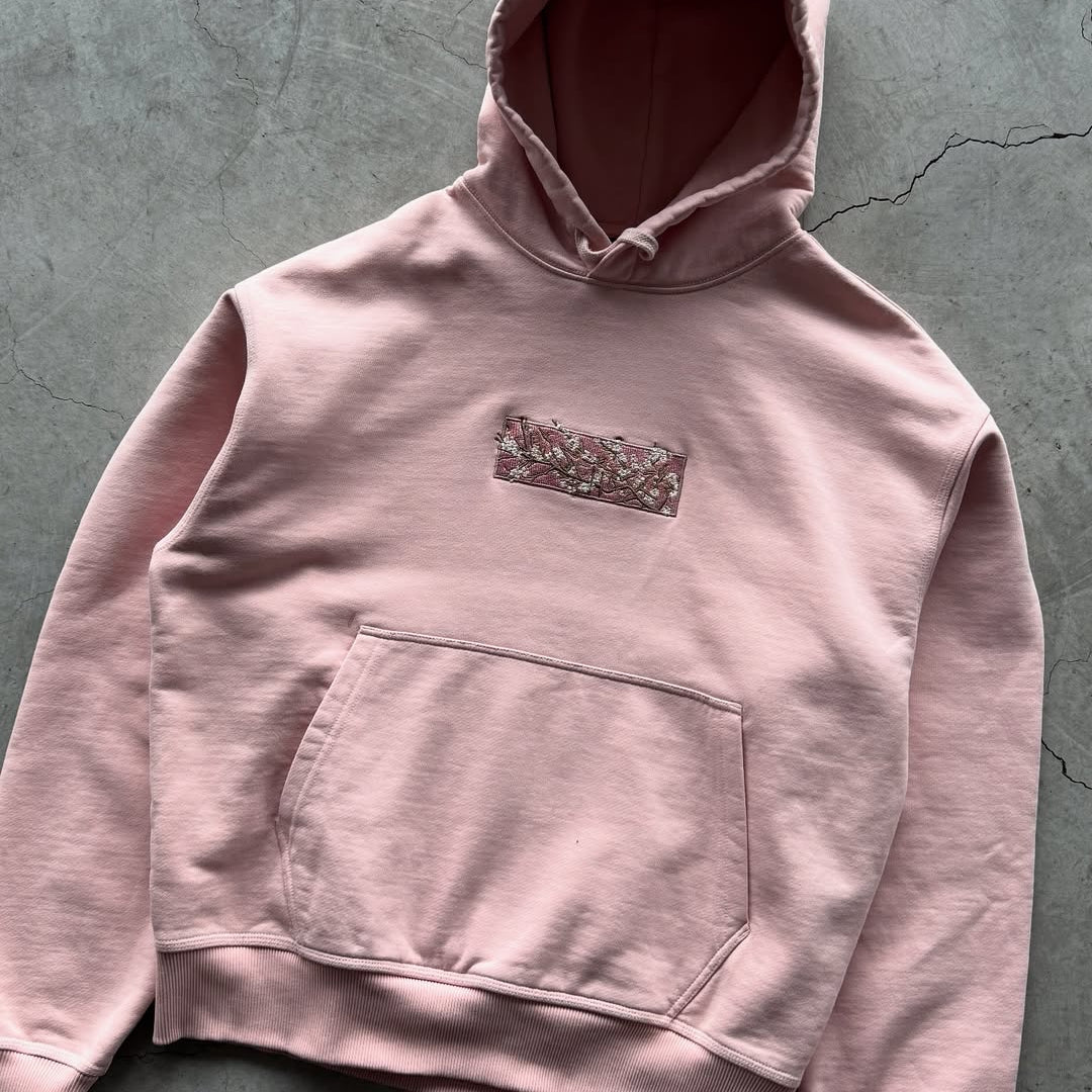 Embroidered Cherry Blossom Patch Pink Hoodie