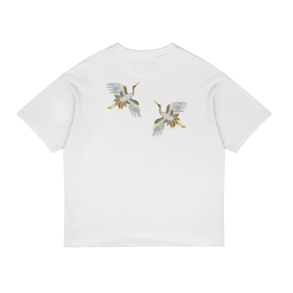 Embroidered Crane Pattern T-shirt