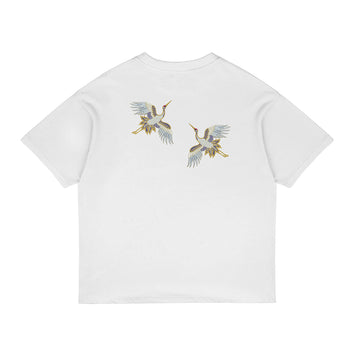 Embroidered Crane Pattern T-shirt