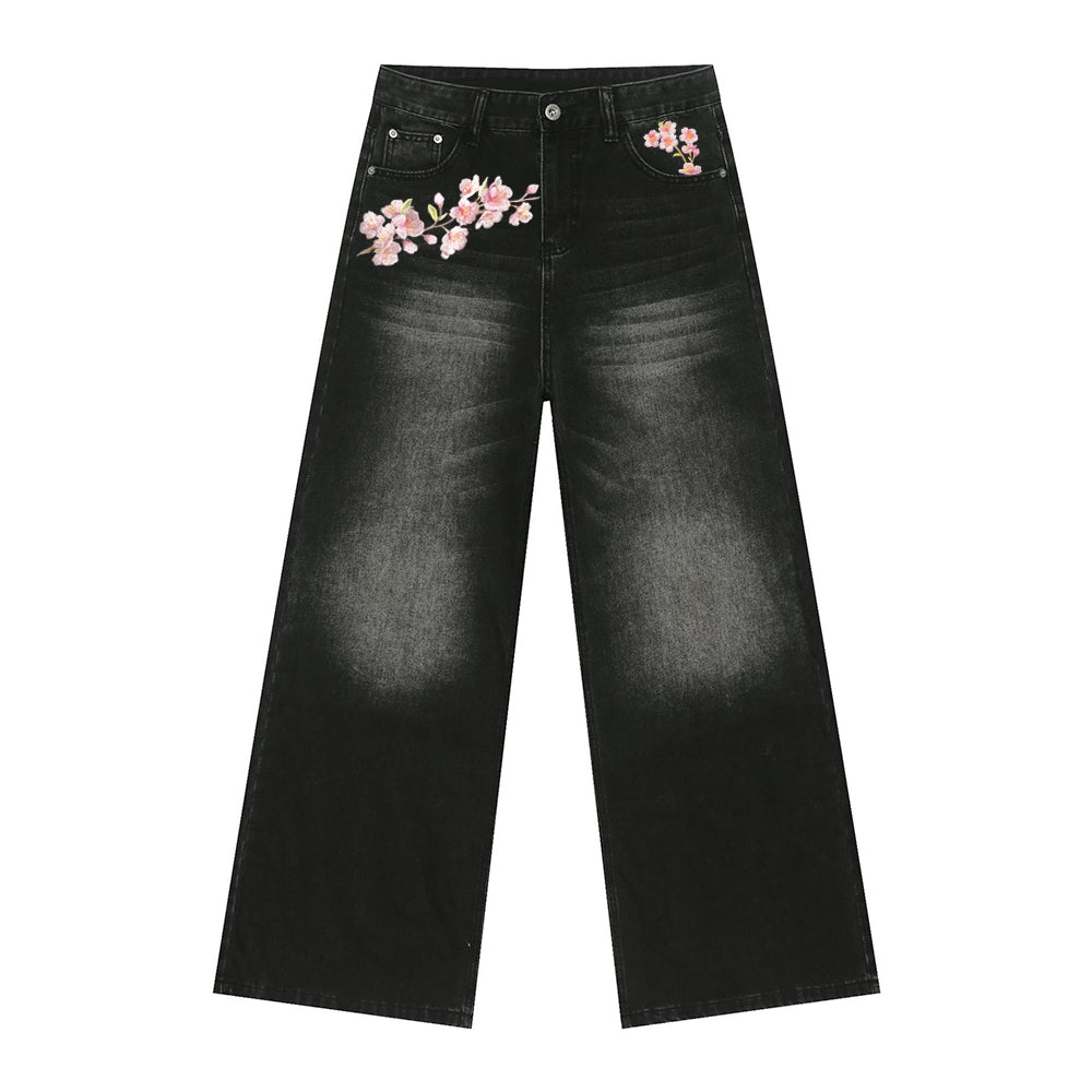Embroidered Pink Sakura Floral Jeans