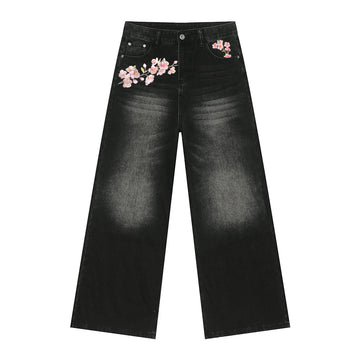 Embroidered Pink Sakura Floral Jeans