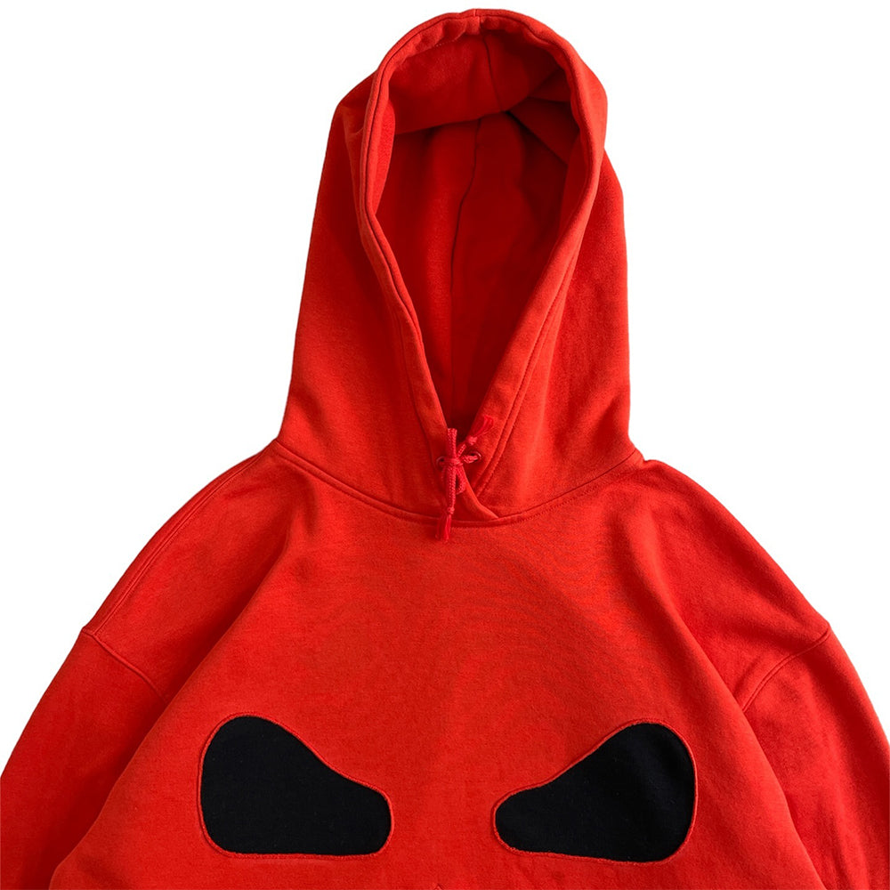 Red & Black Patchwork Hoodie with Demon Face Graphic