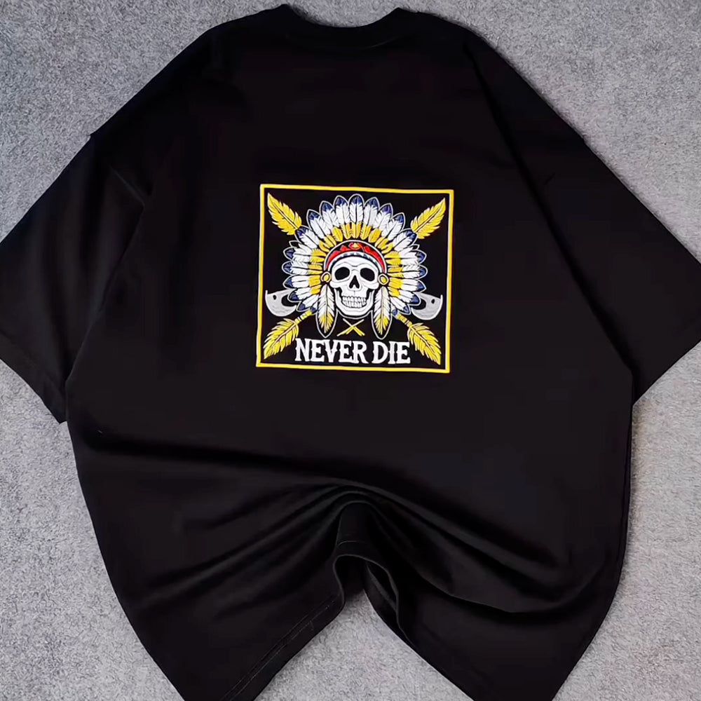 Conquer Skull Tribal Street Style Embroidered T-Shirt