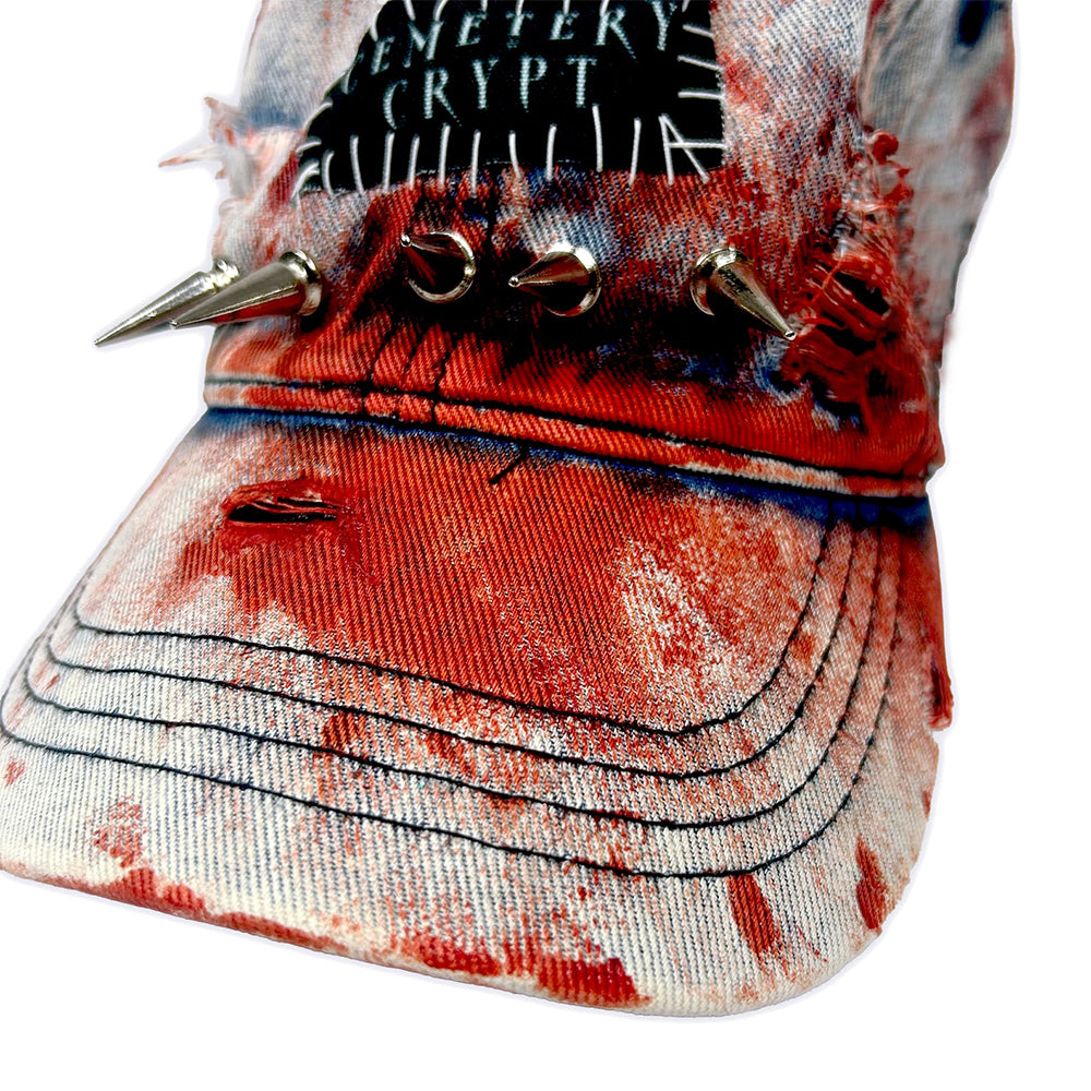 Distressed Denim Horror Spike Hat with Blood Splatter and Punk Studs