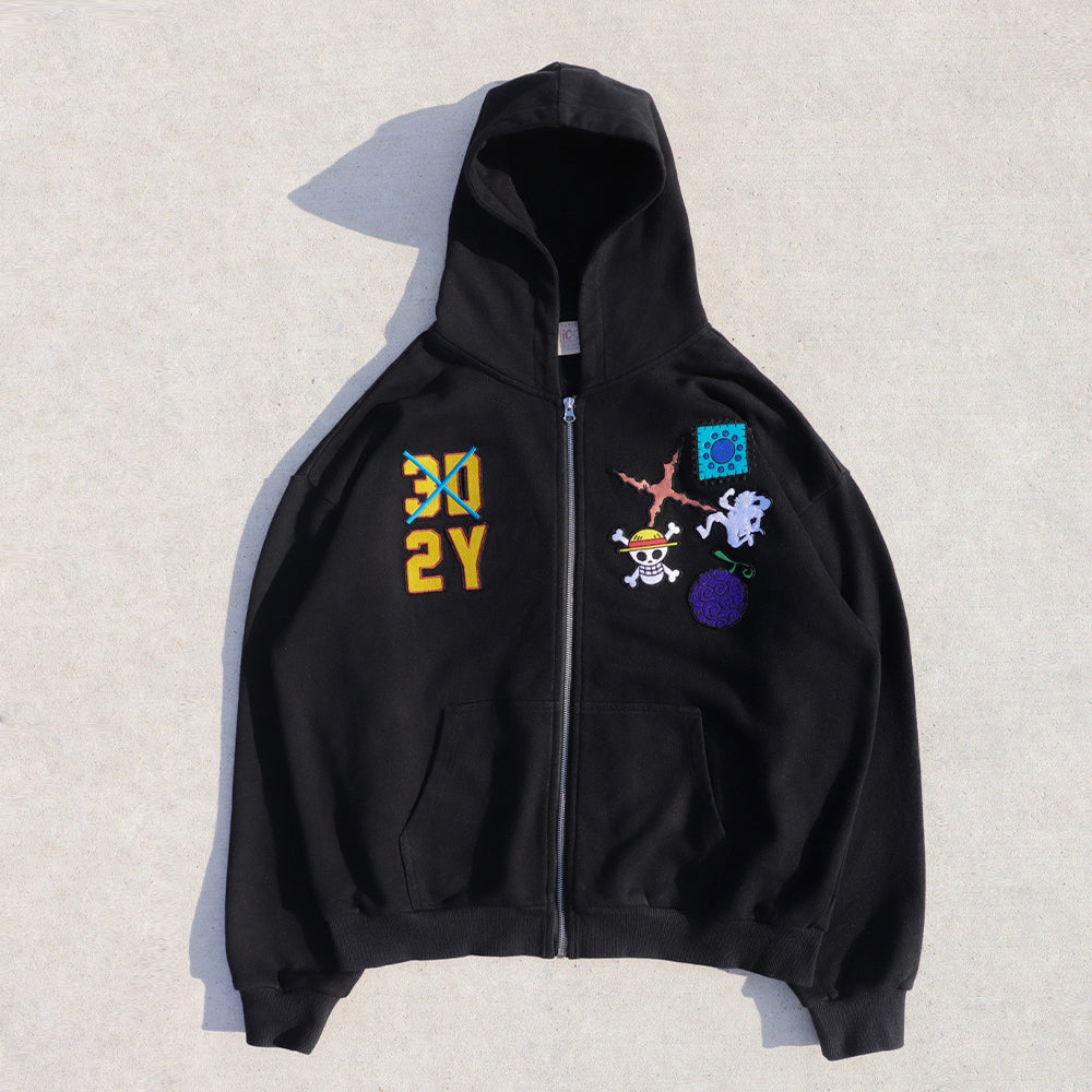 One Piece Collection Creative Graphic Embroidery Zip-Up Hoodie
