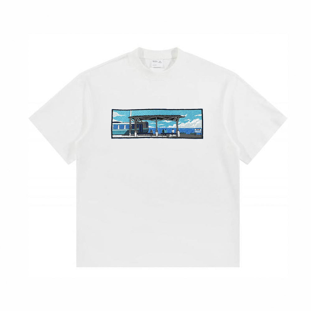Seaside Platform, Waiting For The Train Creative Pattern Embroidered T-shirt