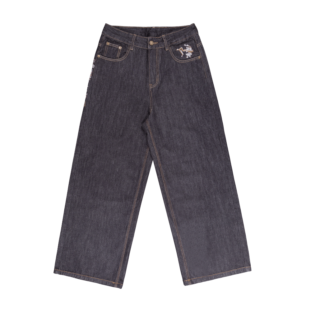 Embroidered Denim Jeans with Sakura Blossom