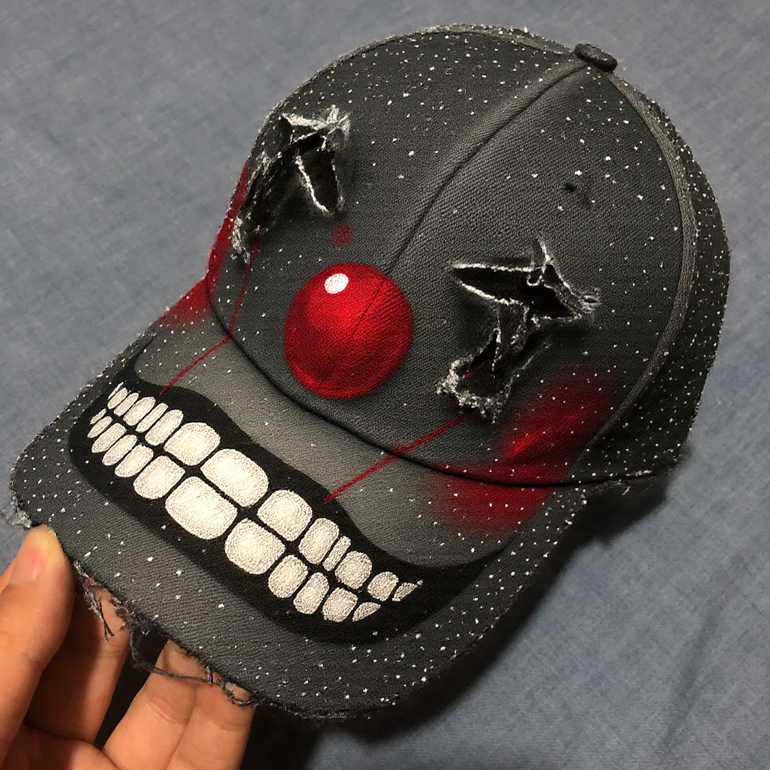 Hand-Painted Evil Clown Face Hat with Rhinestone Accents