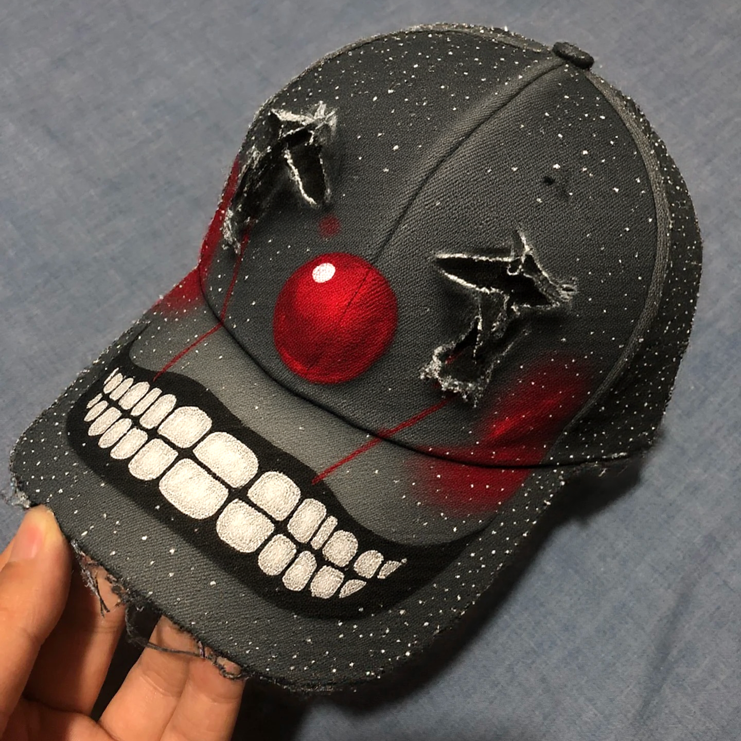 Hand-Painted Evil Clown Face Hat with Rhinestone Accents