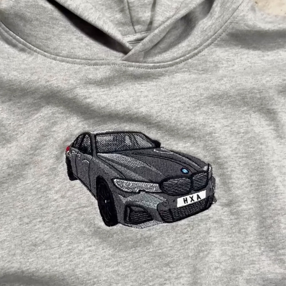 Classic Sports Car Embroidery × Minimalist Grey Hoodie