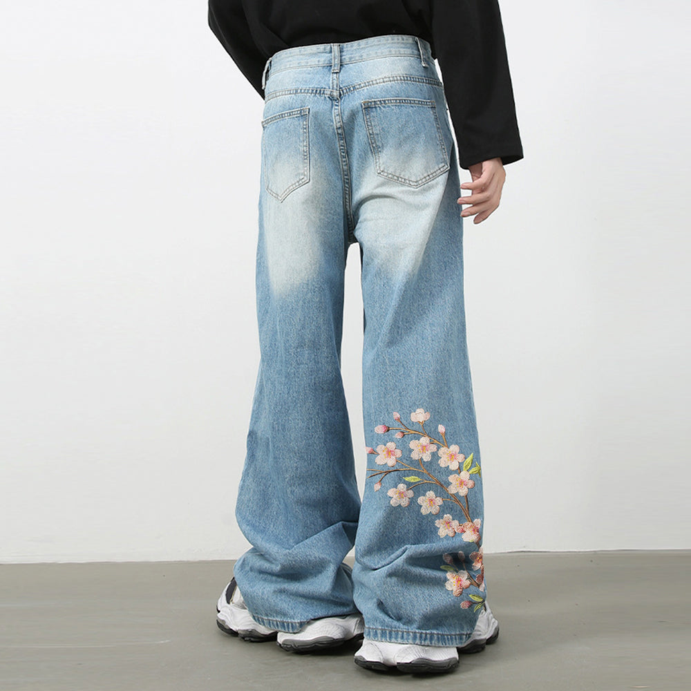 Embroidered Pink Sakura Floral Jeans