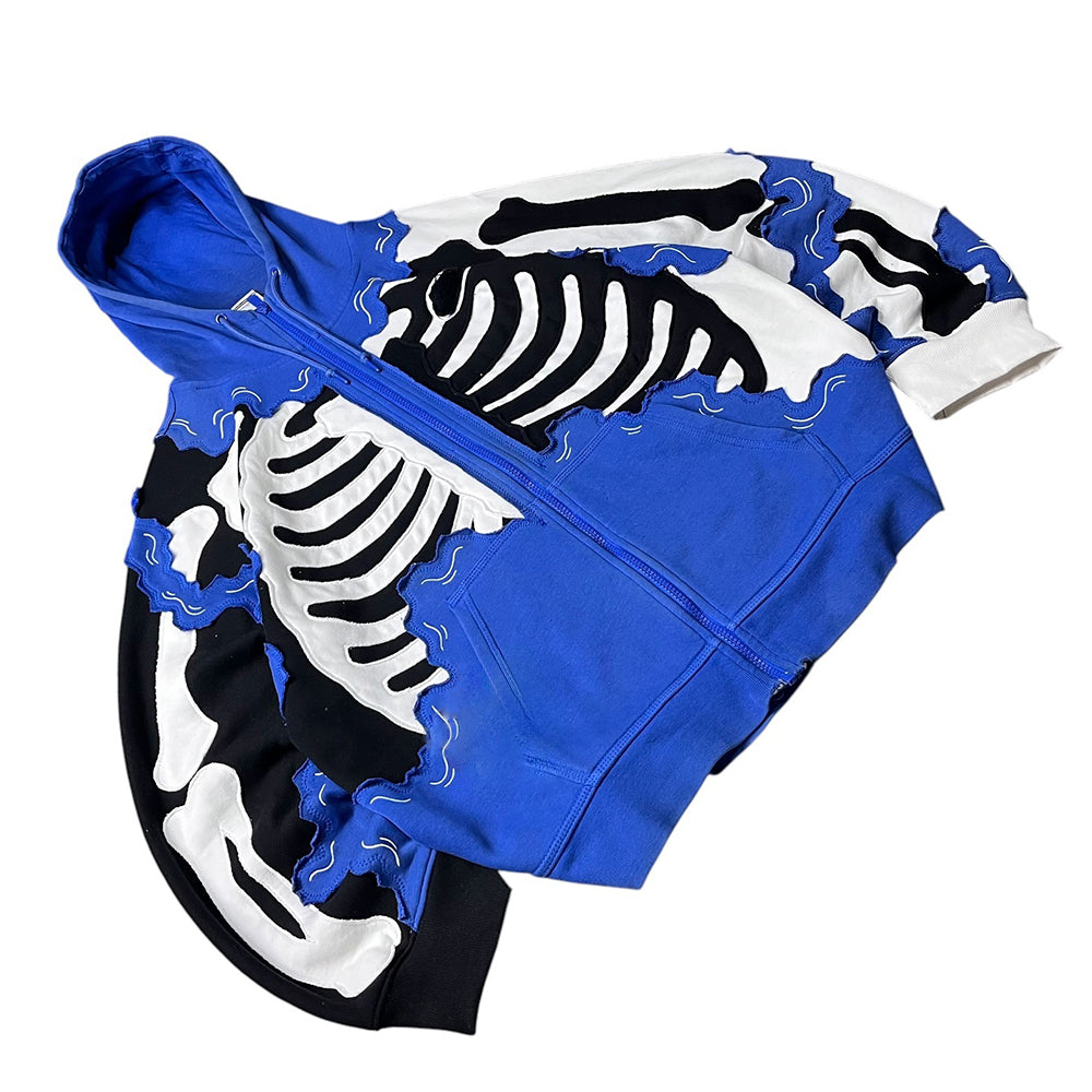 Creative Skeleton Stitching Tailoring Zipper Hooded Sweatshirt
