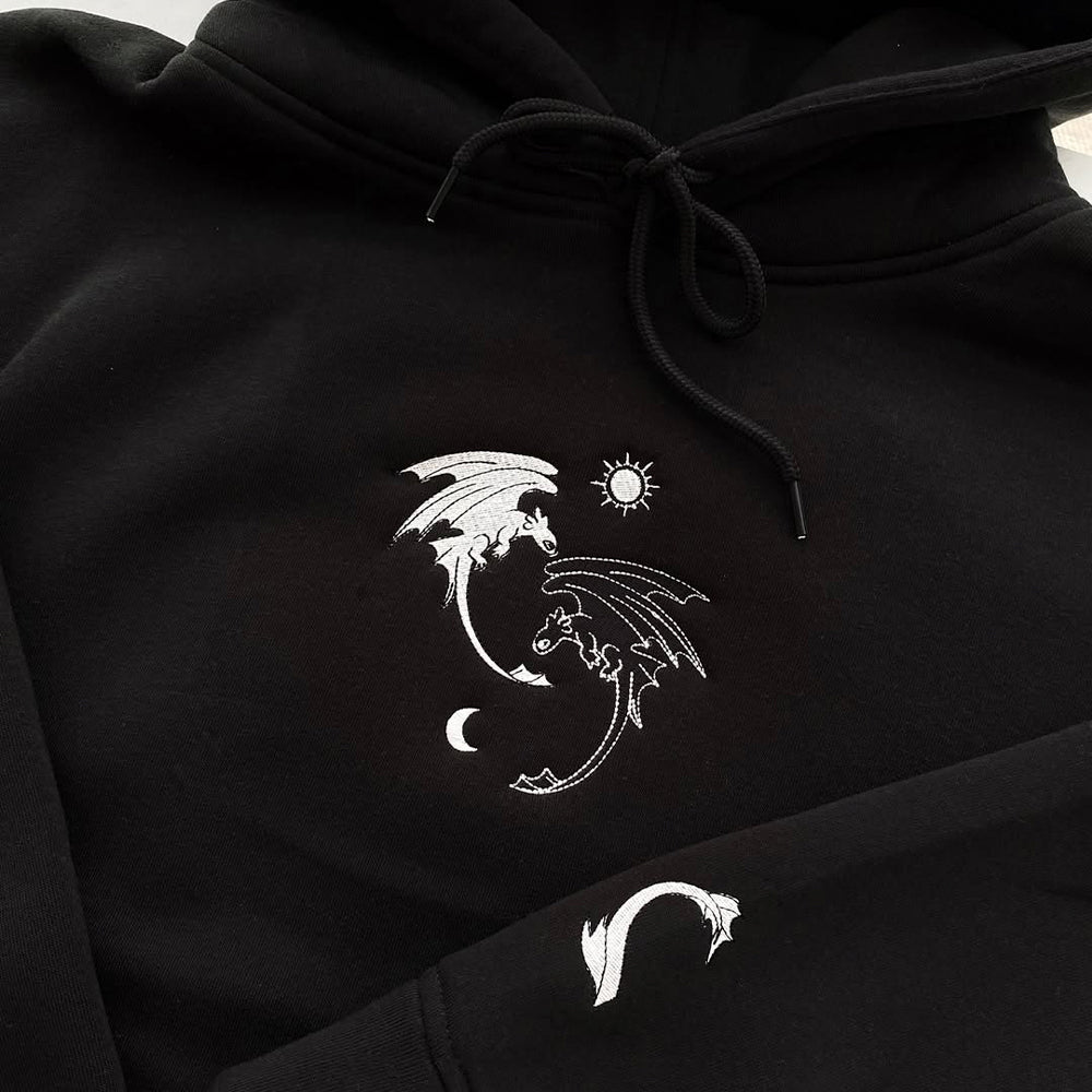 Night Fury And Light Fury Embroidered Black And White Hoodie