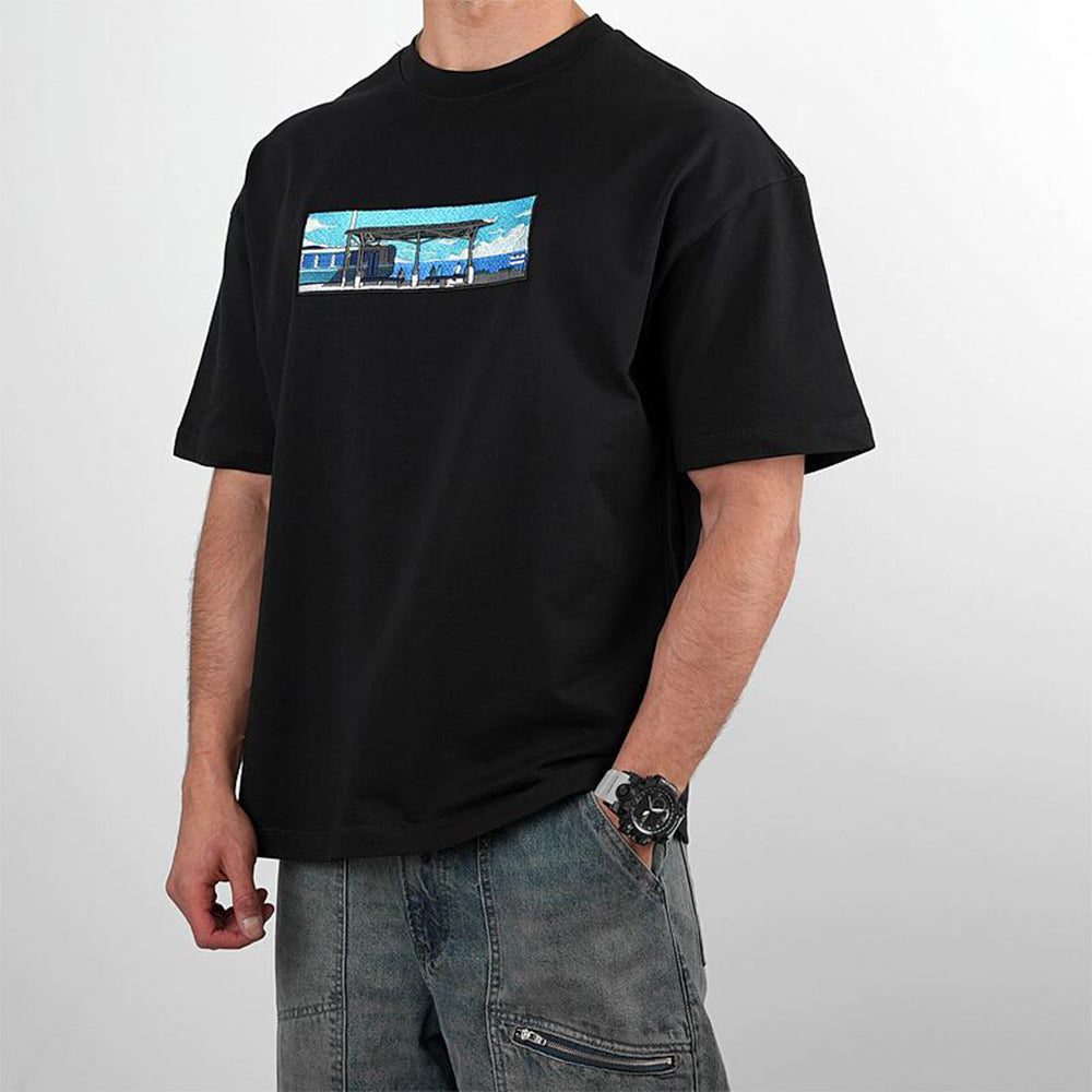 Seaside Platform, Waiting For The Train Creative Pattern Embroidered T-shirt