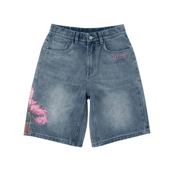 Embroidered Denim Shorts with Sakura Blossom Tree