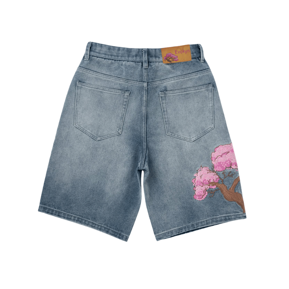 Embroidered Denim Shorts with Sakura Blossom Tree