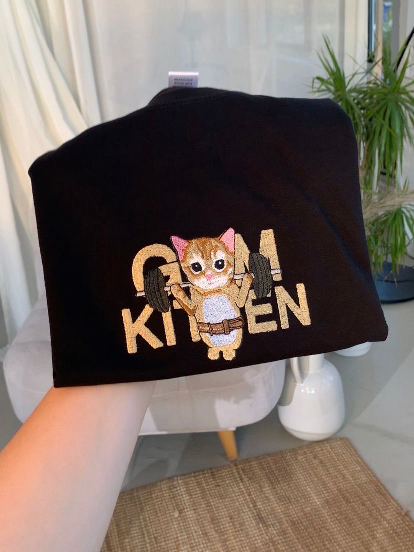 Fitness Cat Embroidery Couple Tees