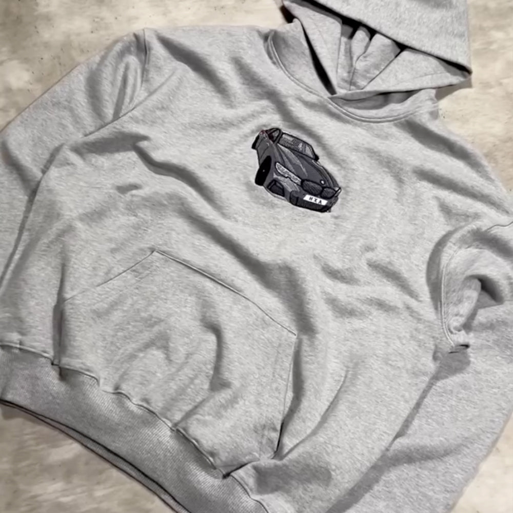 Classic Sports Car Embroidery × Minimalist Grey Hoodie