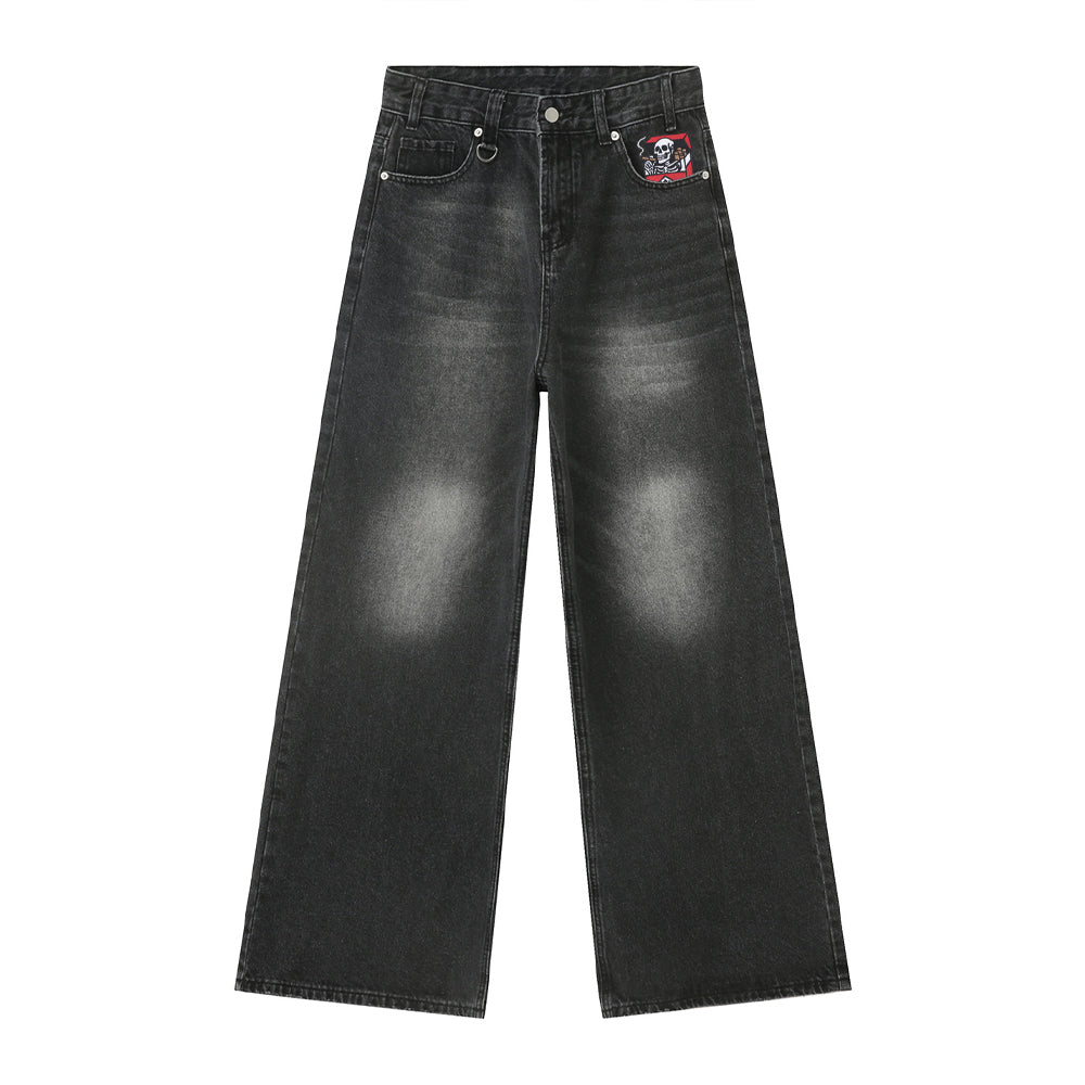 Cigarette Skull Embroidered Jeans