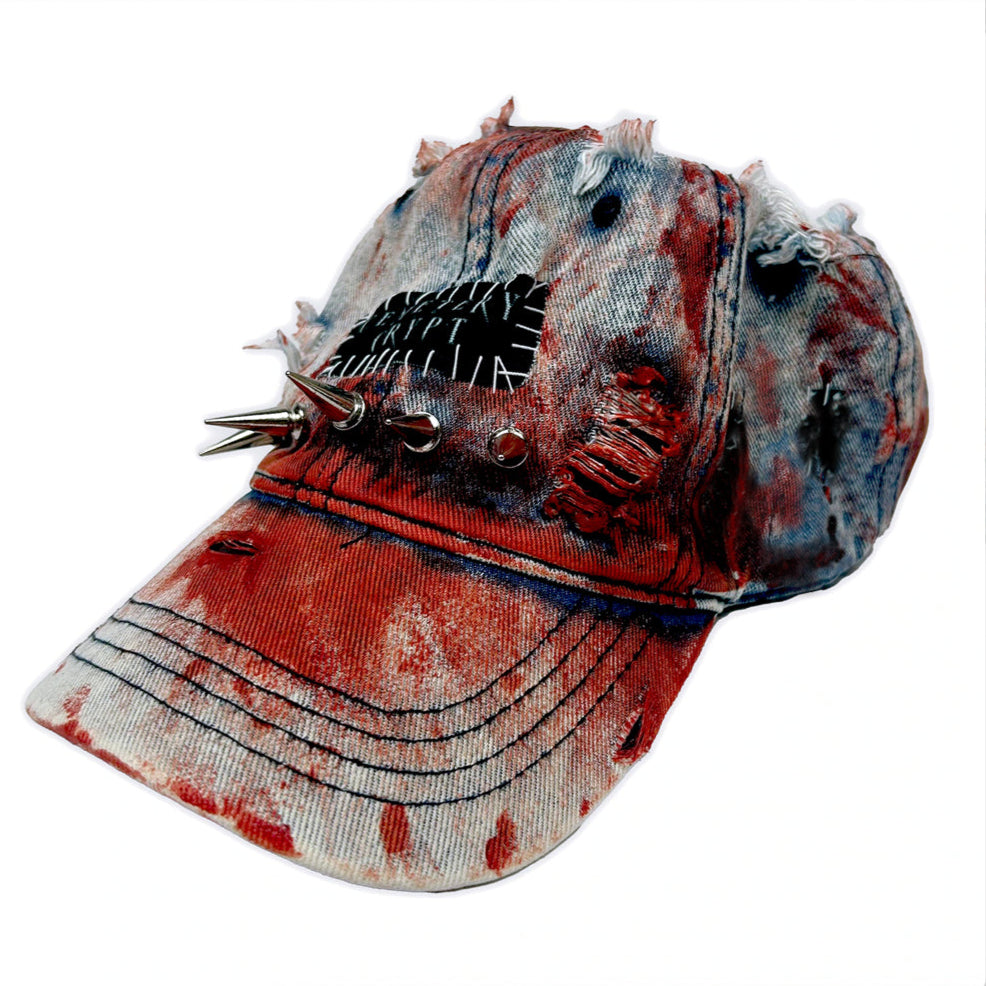 Distressed Denim Horror Spike Hat with Blood Splatter and Punk Studs