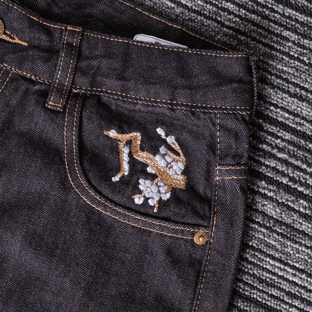 Embroidered Denim Jeans with Sakura Blossom