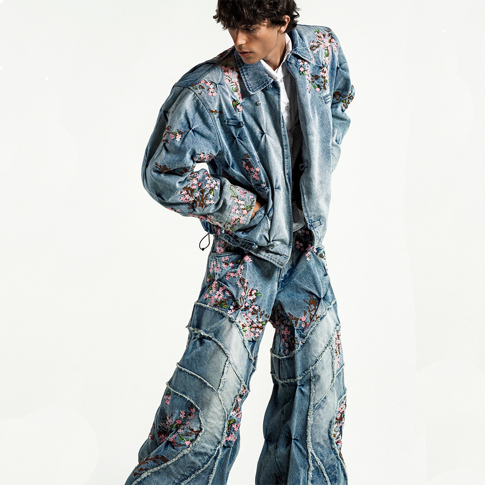 Vintage Wide-Leg Denim Jeans with Cherry Blossom Embroidery