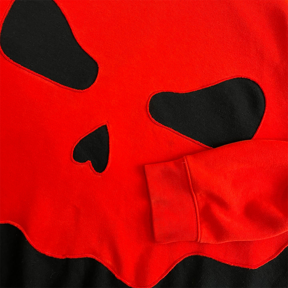 Red & Black Patchwork Hoodie with Demon Face Graphic