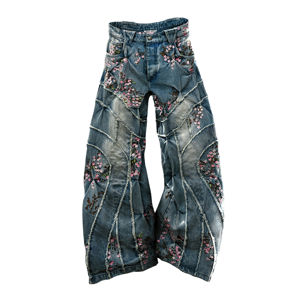 Vintage Wide-Leg Denim Jeans with Cherry Blossom Embroidery