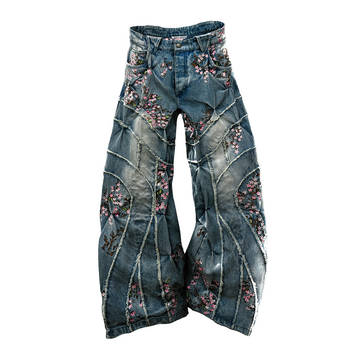 Vintage Wide-Leg Denim Jeans with Cherry Blossom Embroidery