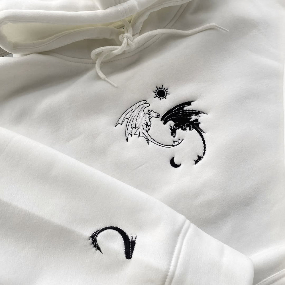 Night Fury And Light Fury Embroidered Black And White Hoodie
